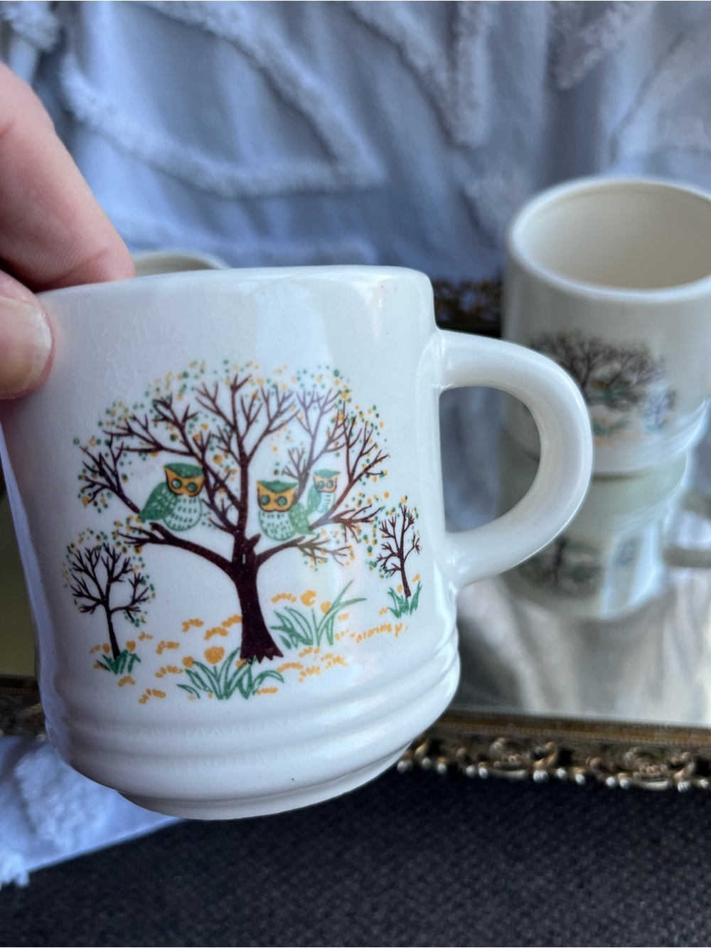 3 Vintage Ceramic Owl Tree Mugs - White with Green and Brown Accent